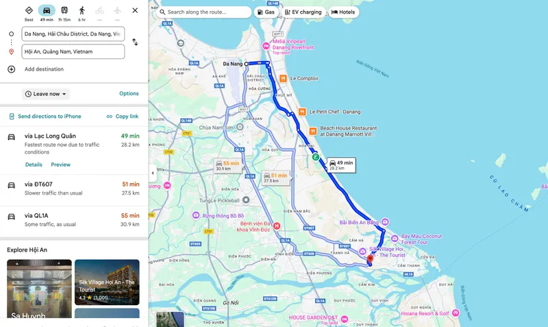 Driving map from Da Nang to Hoi An da nang to hoi an private car