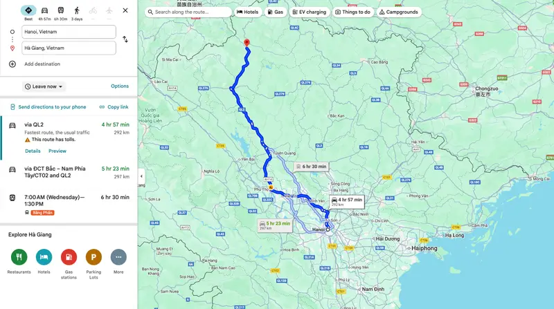 Overview of the Hanoi to Ha Giang route how far is ha giang from hanoi