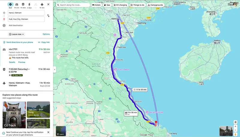 Distance and travel route between Hanoi and Hue distance hanoi hue vietnam