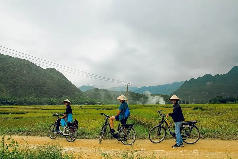 Backpackers biking across Mai Chau valley mai chau homestay