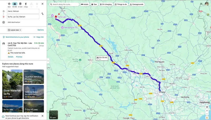 Google Maps showing Hanoi to Sapa journey hanoi sapa distance